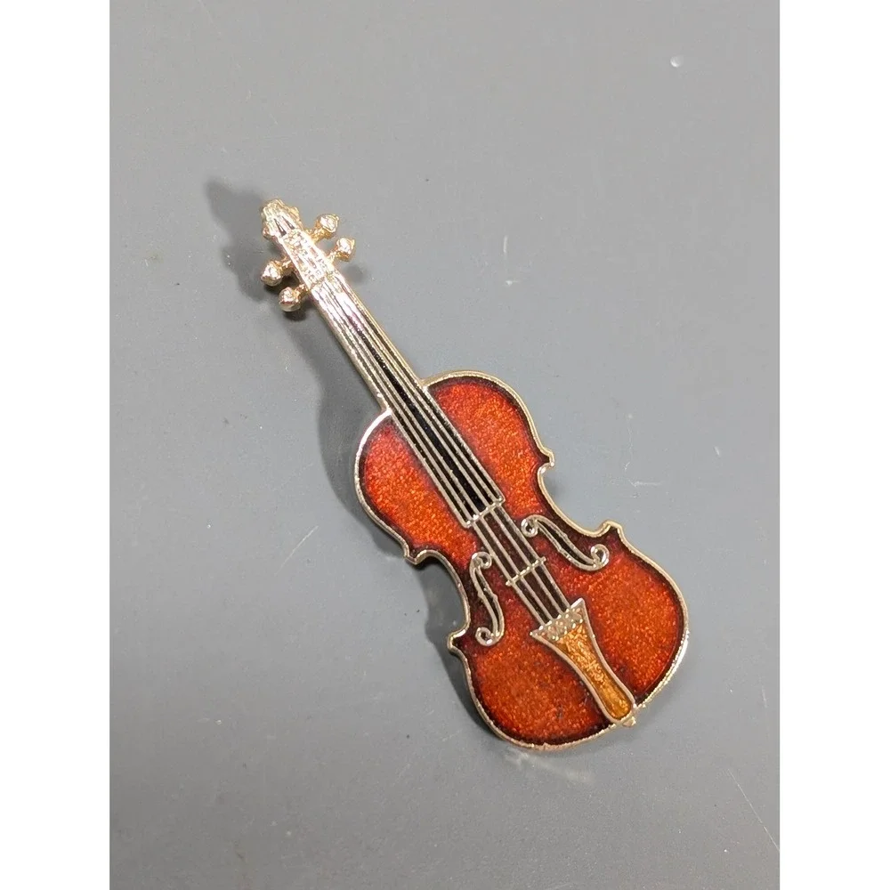 Vintage Brown Enamel Cello Double Bass Brooch Pin Made in USA Music‎